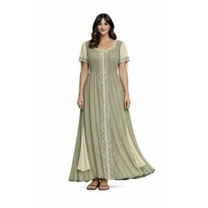 Chunari Sz M Vintage Maxi Dress Boho Beige-Green Embroidered Flowy Romance GUC